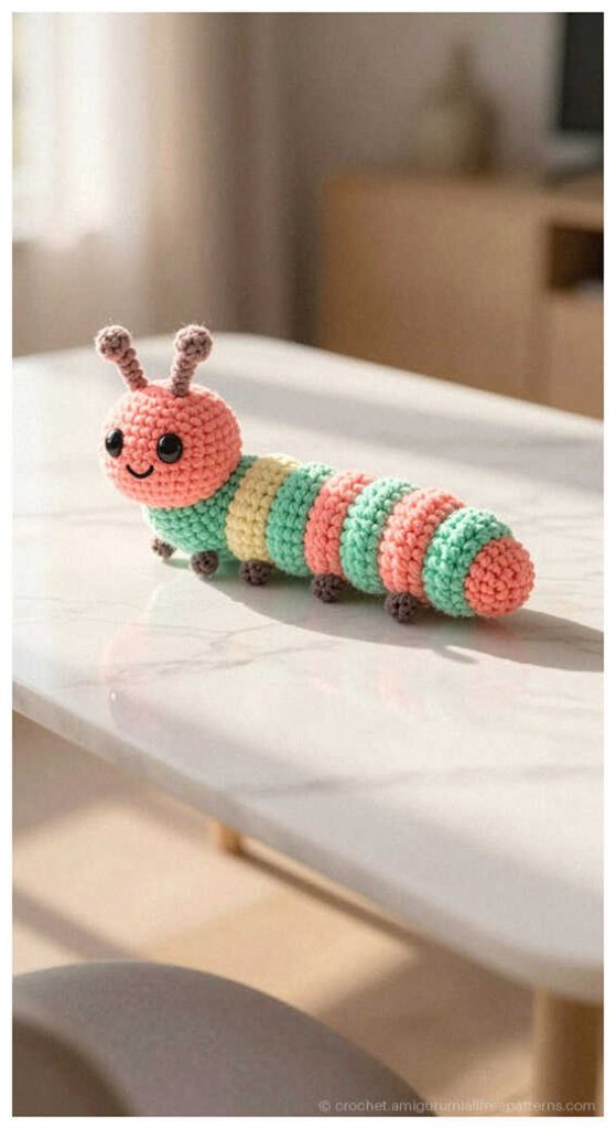 DIY Crochet Gift Idea: Soft amigurumi caterpillar with a smiling face for toddlers.