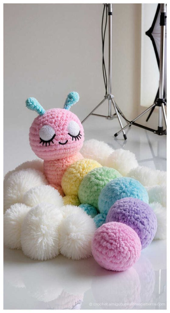 Handmade nursery decor: Whimsical amigurumi caterpillar idea for magical baby rooms.