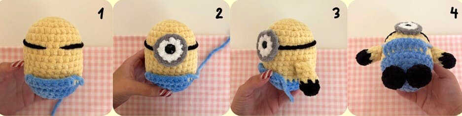 This image displays how to assemble the Minion amigurumi parts step by step. I am sharing a real free pattern in the link, but this visual is published for inspiration and guidance purposes only. You can follow our detailed tutorial to complete your own cute character easily.