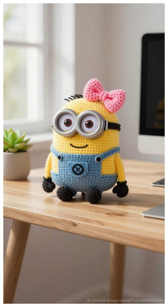 This image showcases a charming yellow amigurumi character with blue overalls and silver goggles. The crochet work highlights a classic design that is perfect for handmade toy collections. This visual is presented as one of our creative ideas to inspire your next project.