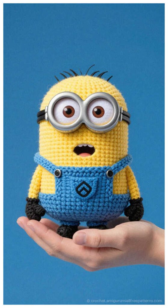 A stunning example of a character plushie featuring two large goggles and a wide happy smile. The proportions are well-balanced, making it a professional-looking crochet project. This visual is presented here among our most popular ideas for makers.