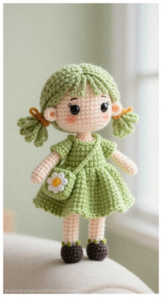 Crochet doll in a green dress with braided hair and a small shoulder bag, styled as a handmade kids gift idea