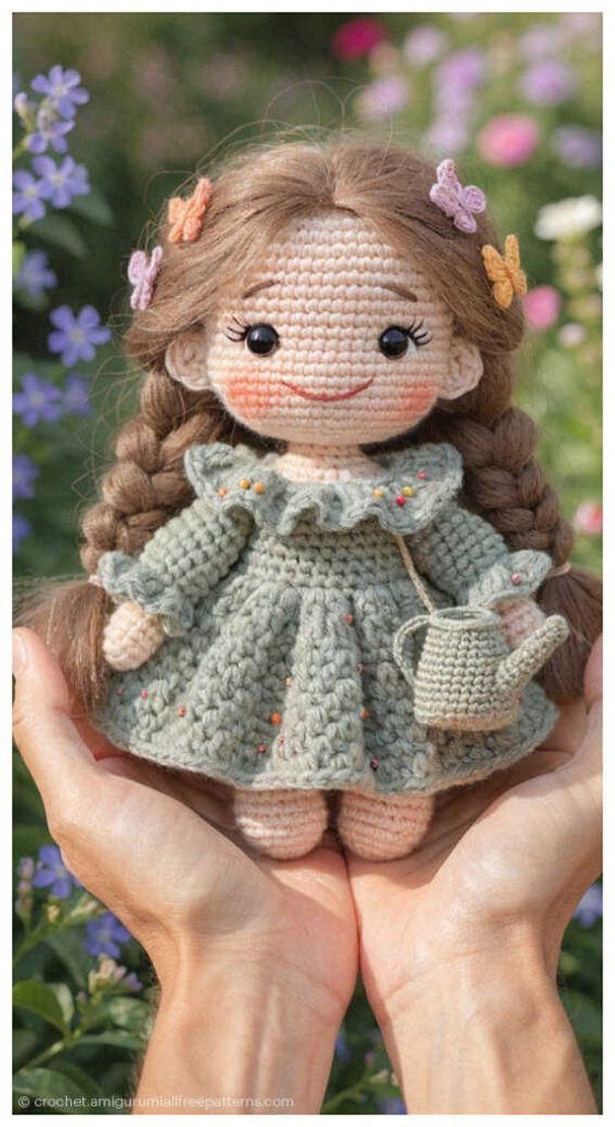 Crochet doll with long braids wearing a sage green dress held in hands, styled as a handmade gift idea for girls
