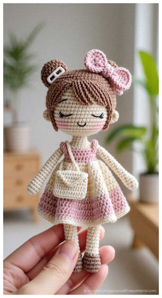 Small crochet doll in a pink dress with bow headband and tiny purse, designed as a cute birthday gift for kids