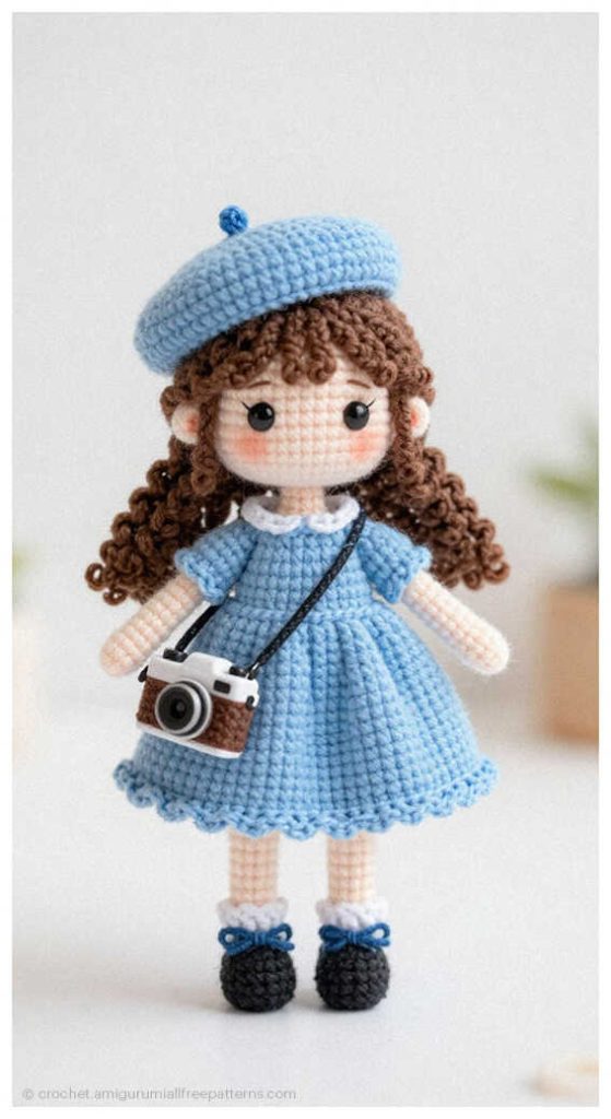 Crochet doll in a blue dress with matching beret and tiny camera bag, perfect as a handmade gift for little girls