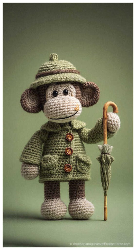 Adorable crochet monkey wearing a green coat and hat holding an umbrella, free monkey amigurumi pattern for unique handmade gifts