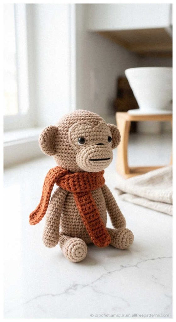 Cute sitting crochet monkey with orange scarf, free monkey amigurumi pattern perfect for beginner crochet and kids gift ideas