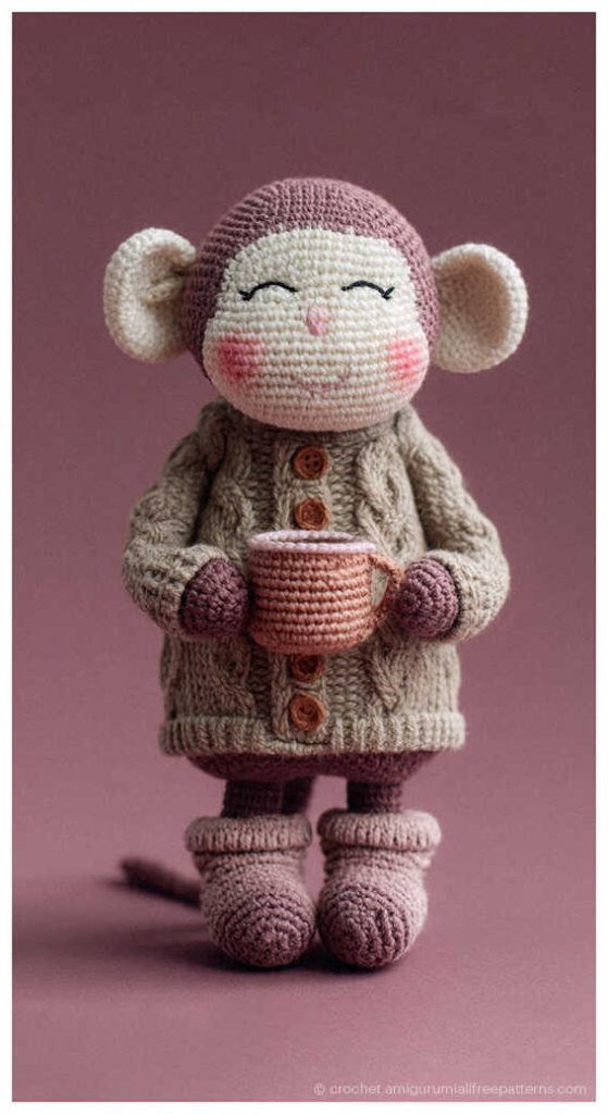 Cozy crochet monkey in a cardigan holding a cup, free monkey amigurumi pattern ideal for fall decor and handmade kids gifts
