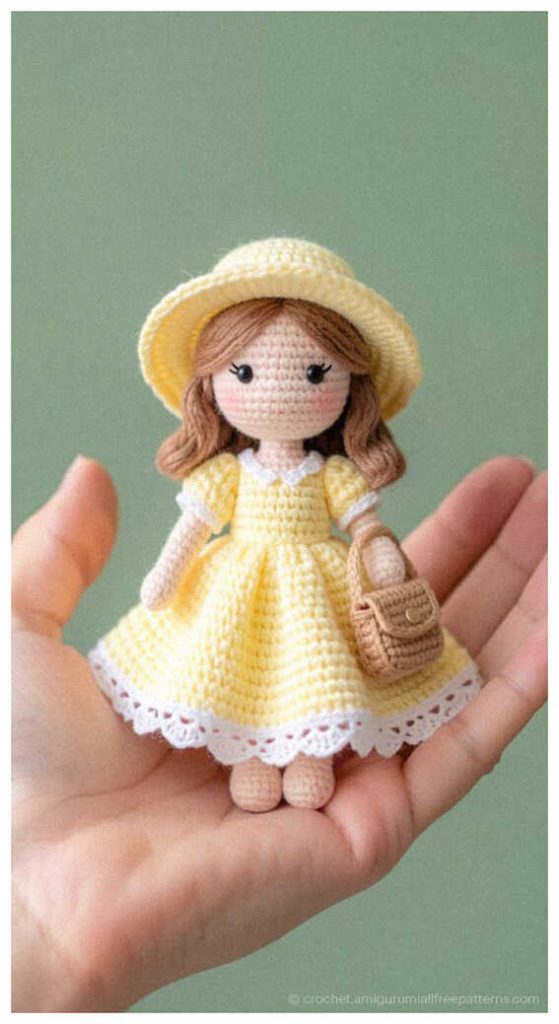 Crochet doll in a blue dress with matching beret and tiny camera bag, perfect as a handmade gift for little girls