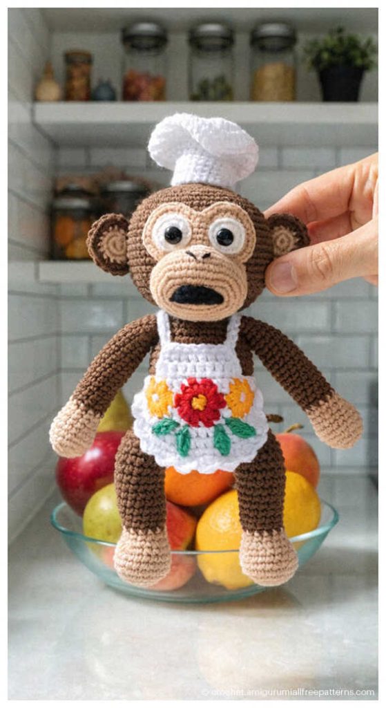 Crochet monkey wearing a chef hat and floral apron sitting on a fruit bowl, free monkey amigurumi pattern for cute kitchen decor and handmade gifts