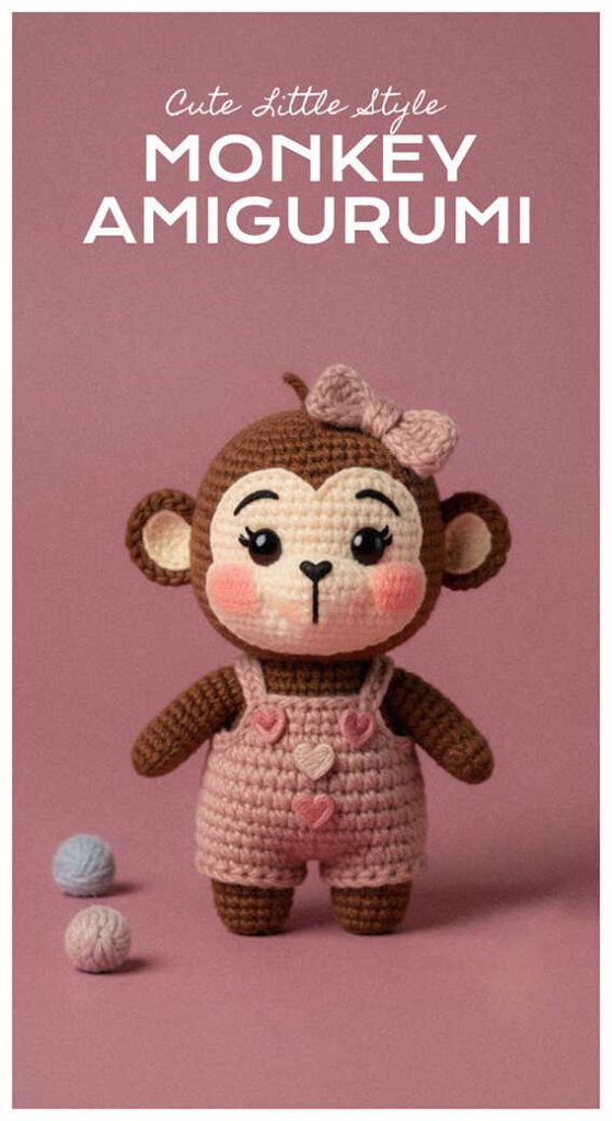 Adorable crochet monkey in pink overalls with bow detail, free monkey amigurumi pattern perfect for girls gift ideas and nursery decor