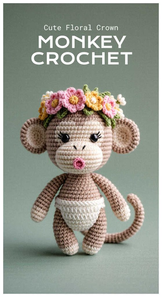 Crochet monkey wearing a colorful floral crown styled as a cute handmade monkey amigurumi gift idea
