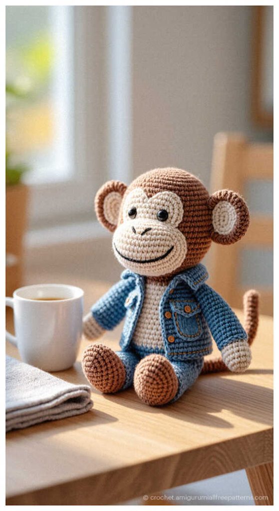 Cute crochet monkey in a denim jacket sitting with a coffee mug, cozy monkey amigurumi inspiration for nursery and gift ideas