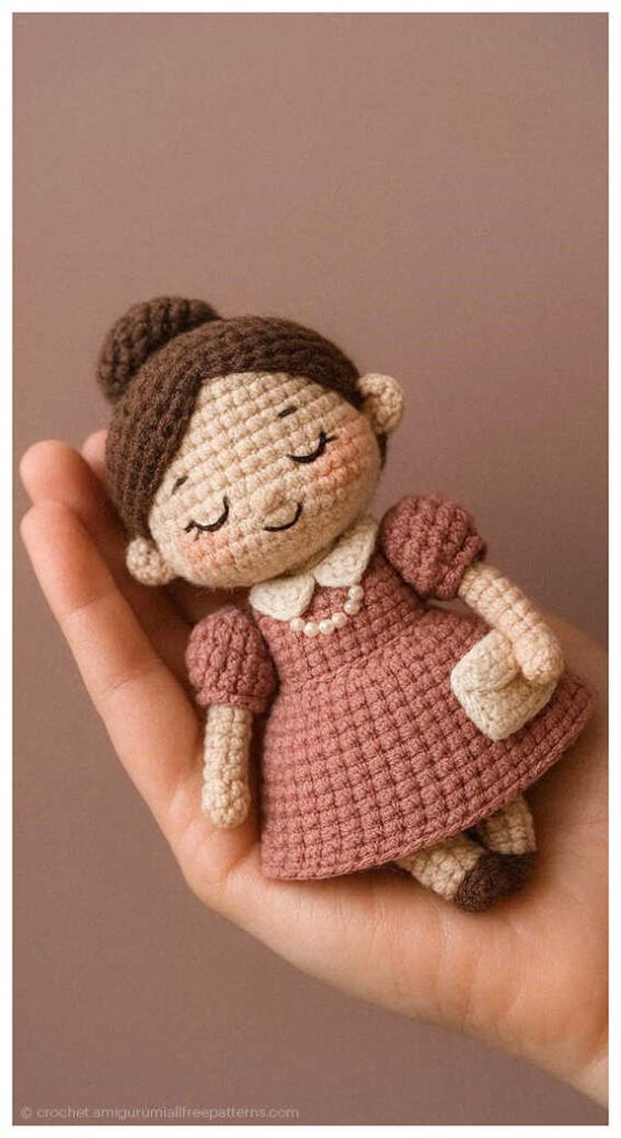 Crochet doll in a dusty pink dress with bun hairstyle resting in hand, designed as a soft handmade gift for kids
