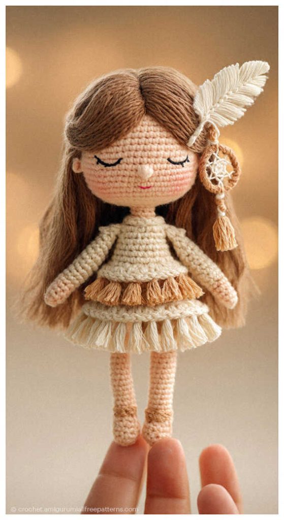 Elegant crochet doll with long brown hair and feather hair accessory, perfect as a handmade keepsake gift for girls