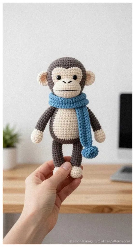 Crochet monkey wearing a blue scarf held in hand, cute monkey amigurumi inspiration for handmade gift ideas