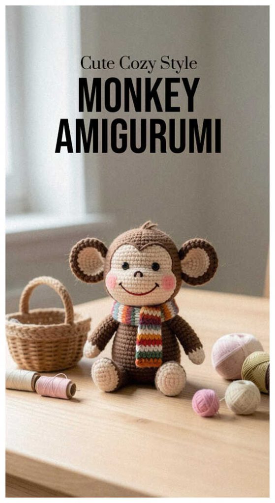 Small crochet monkey with colorful scarf sitting on a table, cozy monkey amigurumi design inspiration for nursery decor