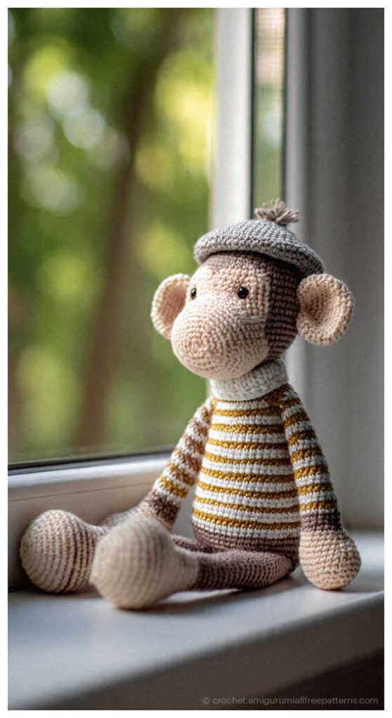 Crochet monkey in a striped sweater and beret sitting by a window, stylish monkey amigurumi inspiration for handmade gifts