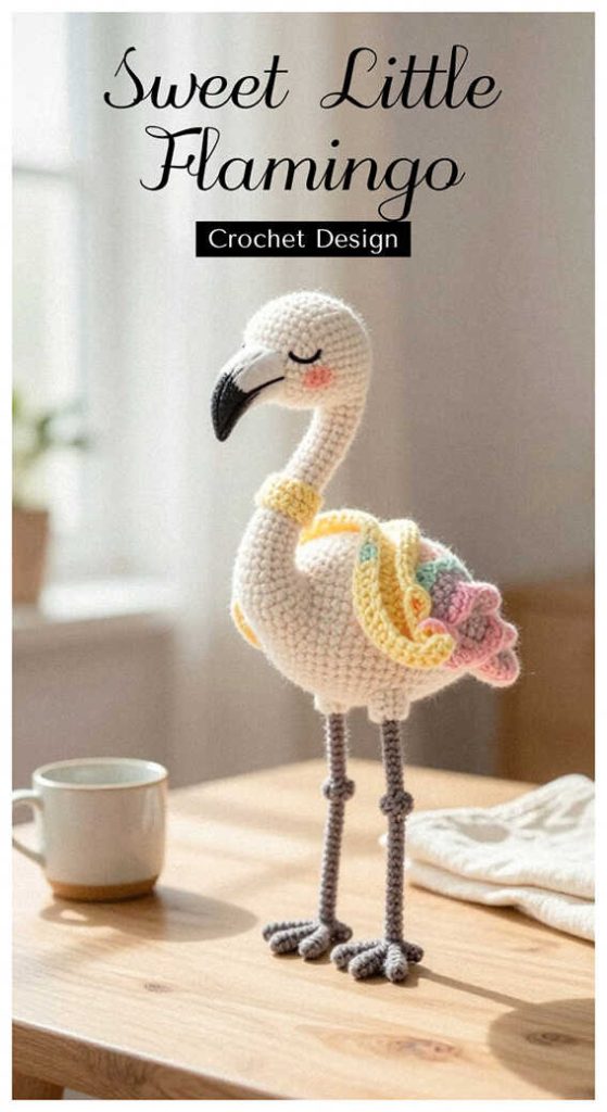 sweet little flamingo amigurumi with pastel wings standing on thin legs cute crochet bird idea