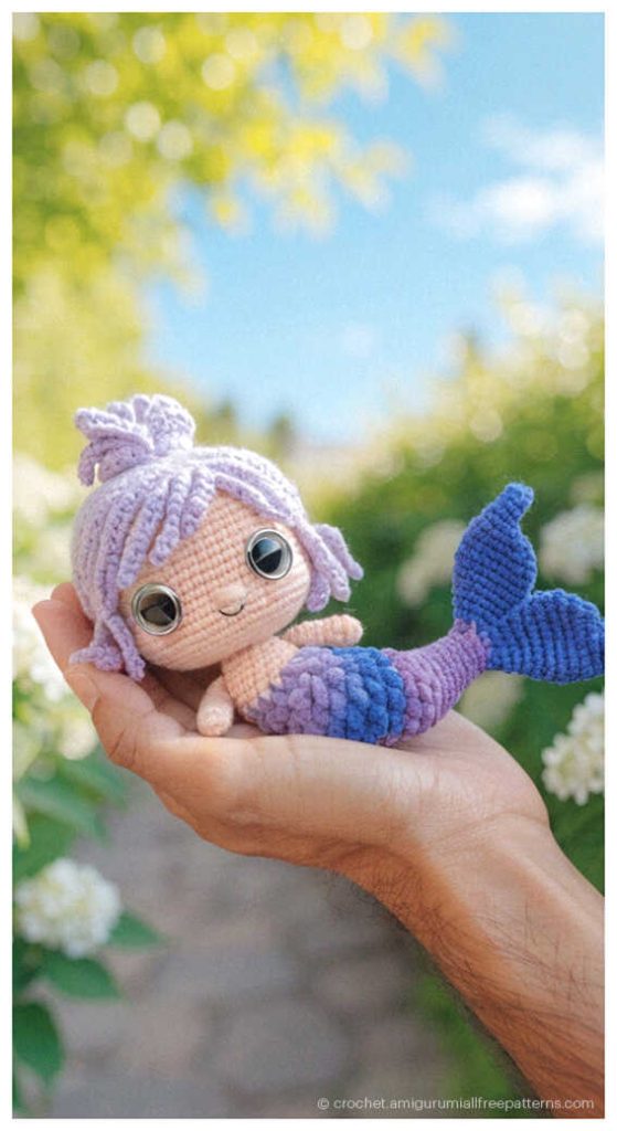 small purple mermaid amigurumi doll in hand charming crochet ocean toy with big eyes
