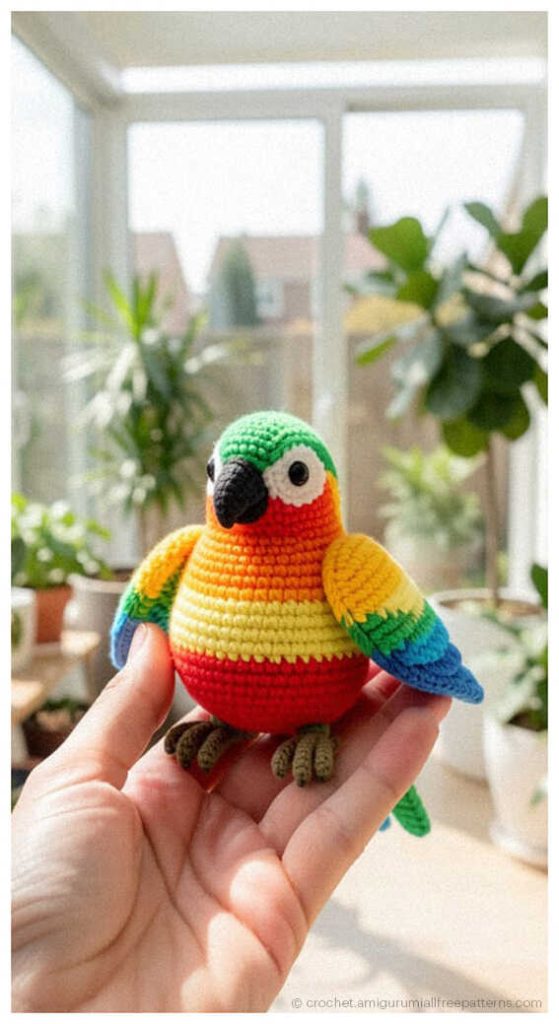 Colorful crochet parrot in rainbow shades held in hand, cute parrot amigurumi gift idea for kids room decor