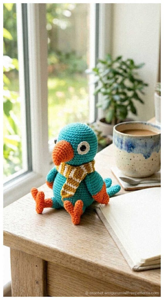 Small turquoise crochet parrot with scarf sitting by the window, handmade parrot amigurumi inspiration for nursery decor