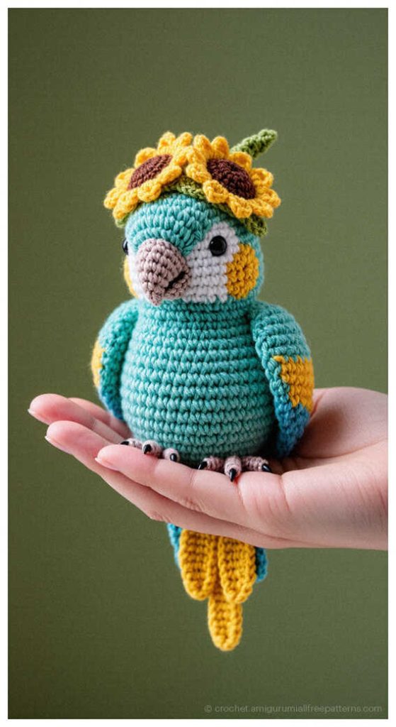 Cute crochet parrot with floral crown held in hand, charming bird amigurumi design idea for handmade gifts