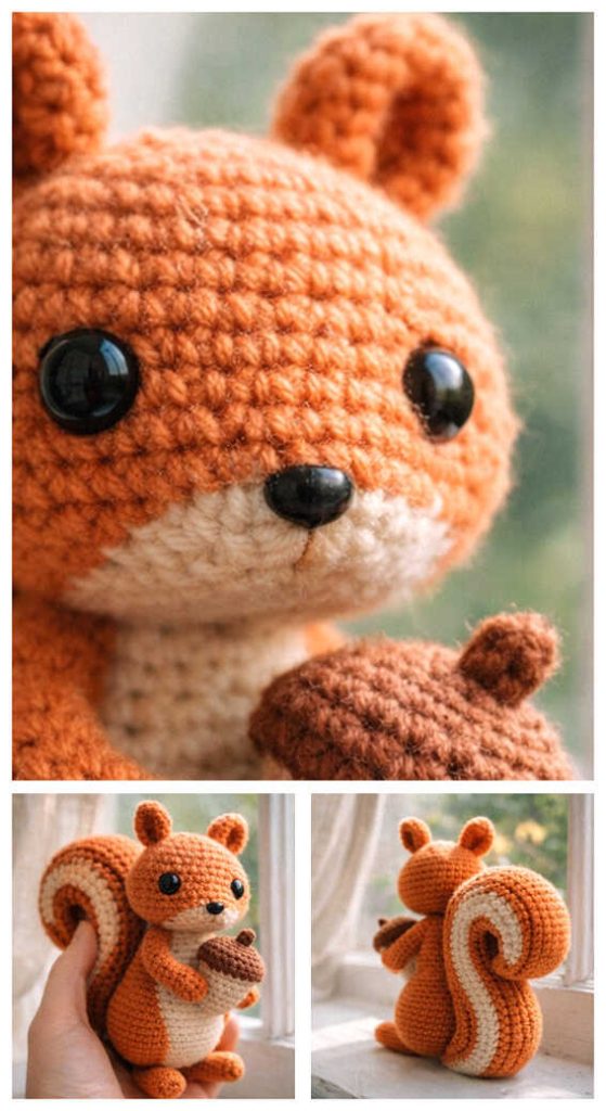 cute squirrel amigurumi crochet doll with fluffy tail small handmade woodland toy