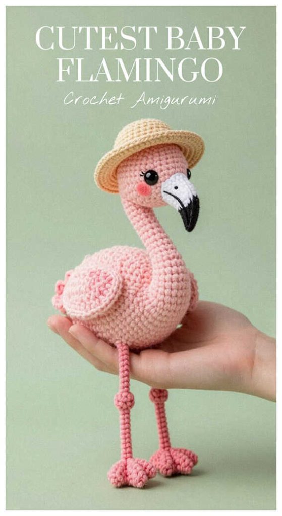cute baby flamingo amigurumi standing on long legs in hand pink crochet bird plush idea