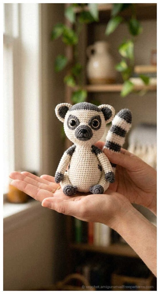 realistic lemur amigurumi sitting on a rock adorable crochet lemur toy inspiration for handmade animal gifts