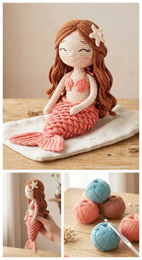 cute coral mermaid amigurumi doll with long yarn hair adorable handmade crochet ocean character