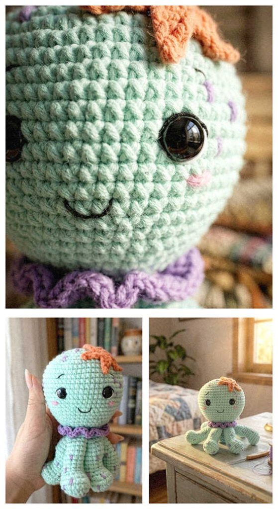 small octopus amigurumi free crochet pattern close up and lifestyle collage cute sea toy