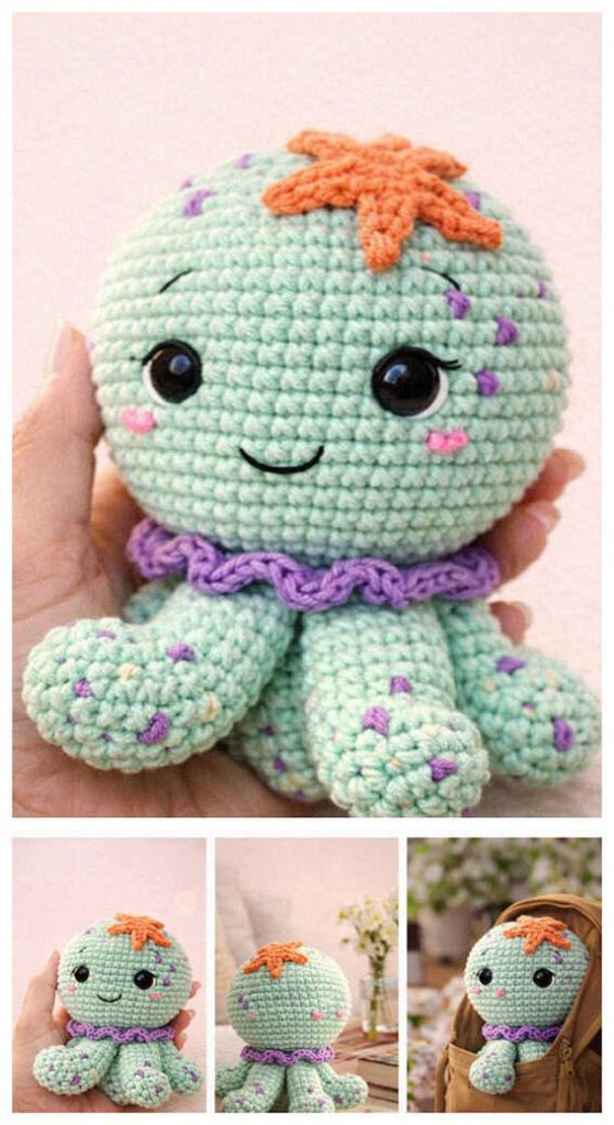 octopus amigurumi free pattern collage handmade crochet octopus toy from different angles