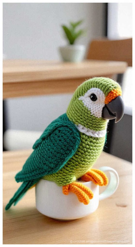 Cute crochet parrot with floral crown held in hand, charming bird amigurumi design idea for handmade gifts
