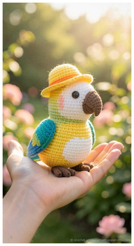 Adorable crochet parrot wearing a straw hat held in hand, charming bird amigurumi gift idea for kids room decor
