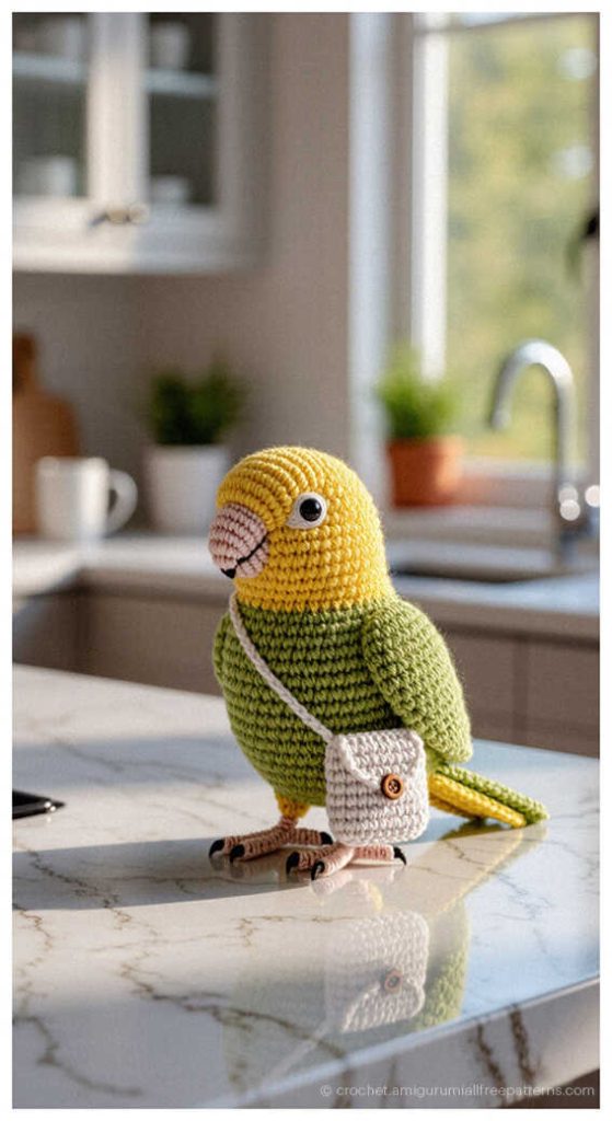 Small yellow and green crochet parrot on a kitchen counter, cute parrot amigurumi decor idea for bird lovers