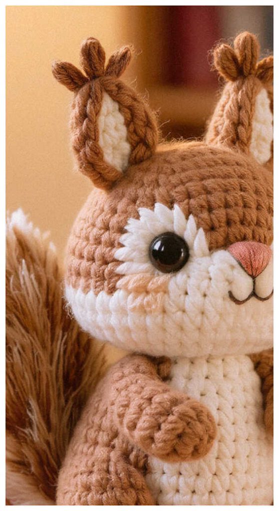 cute squirrel amigurumi crochet doll close up soft handmade woodland animal toy