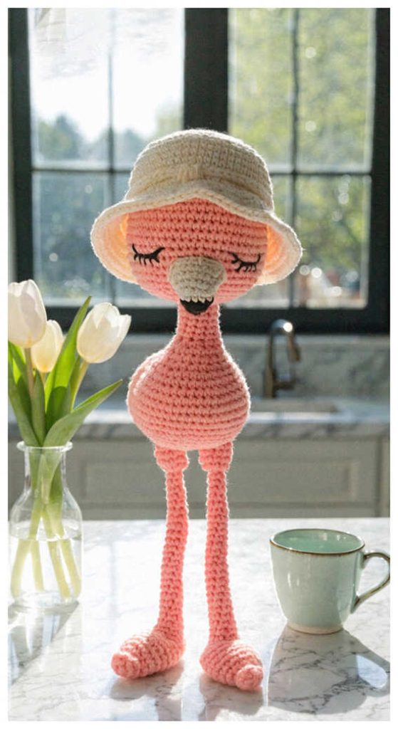 baby flamingo amigurumi wearing a small sun hat standing tall pink crochet bird plush idea