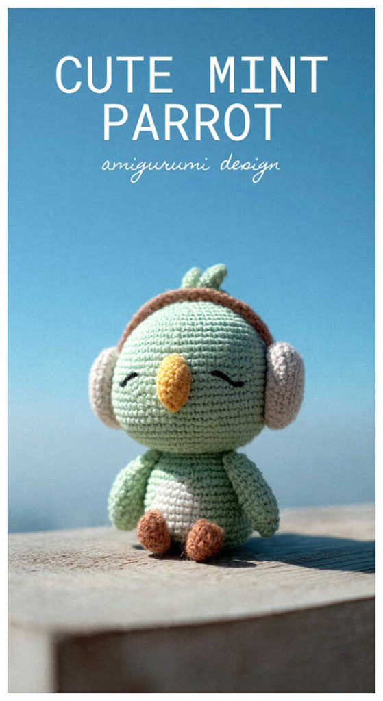 Cute mint crochet parrot with earmuffs, modern parrot amigurumi design idea for nursery and handmade gifts