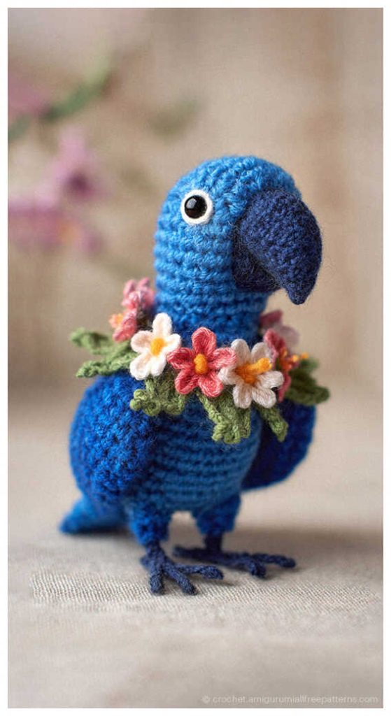Blue crochet parrot with floral necklace, vibrant bird amigurumi inspiration for handmade gifts and home decor