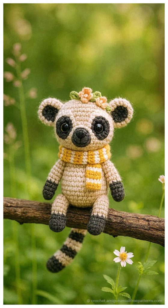 cute lemur amigurumi sitting on a branch sweet crochet animal gift idea for kids room decor