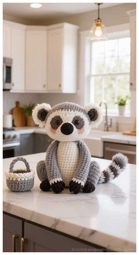 cute lemur amigurumi sitting on a kitchen counter adorable crochet lemur toy idea for handmade gifts