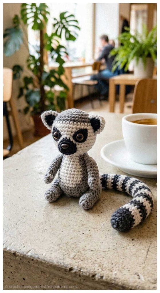 small lemur amigurumi sitting on a table cute crochet animal toy inspiration for kids room decor