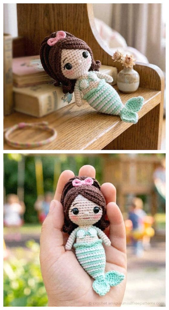 tiny mint mermaid amigurumi doll relaxing on a table sweet handmade crochet sea doll