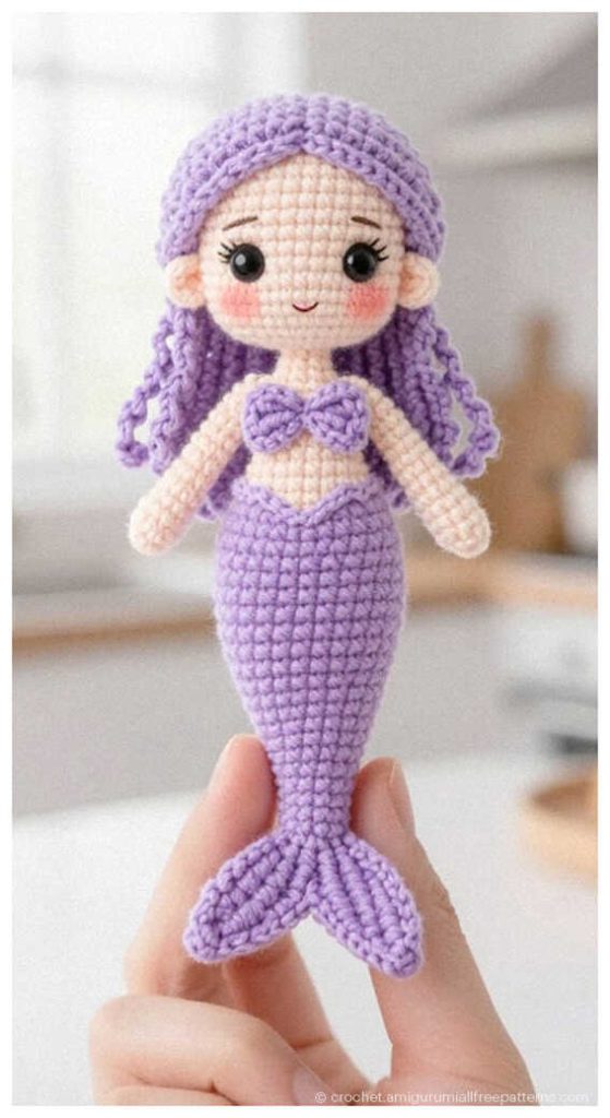 cute purple mermaid amigurumi doll held in hand adorable crochet ocean character toy