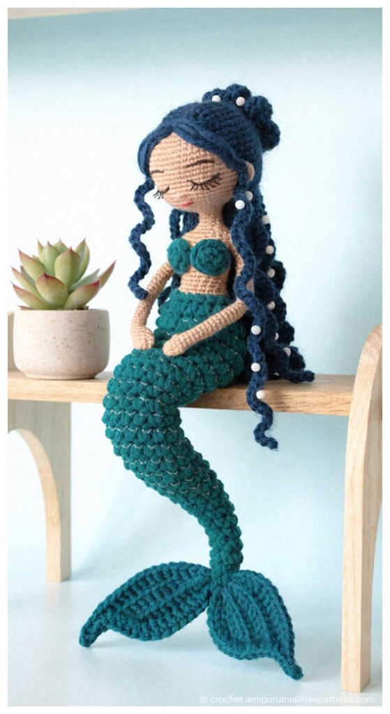 elegant teal mermaid amigurumi doll with long curly hair beautiful handmade crochet ocean toy