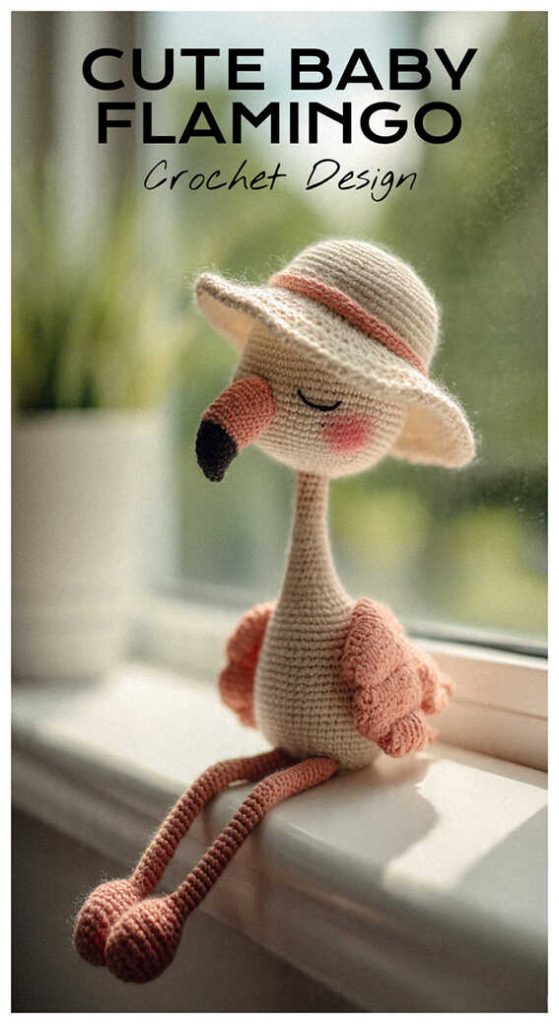 cute baby flamingo amigurumi sitting by a window wearing a small hat pink crochet bird idea