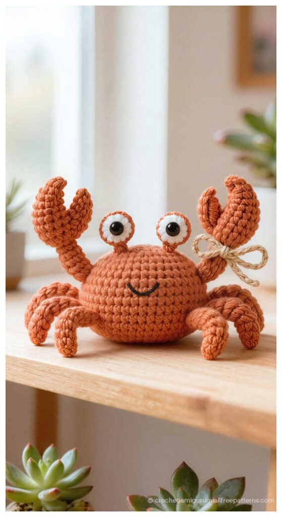 cute crab amigurumi crochet toy on shelf small ocean project you will want to make next