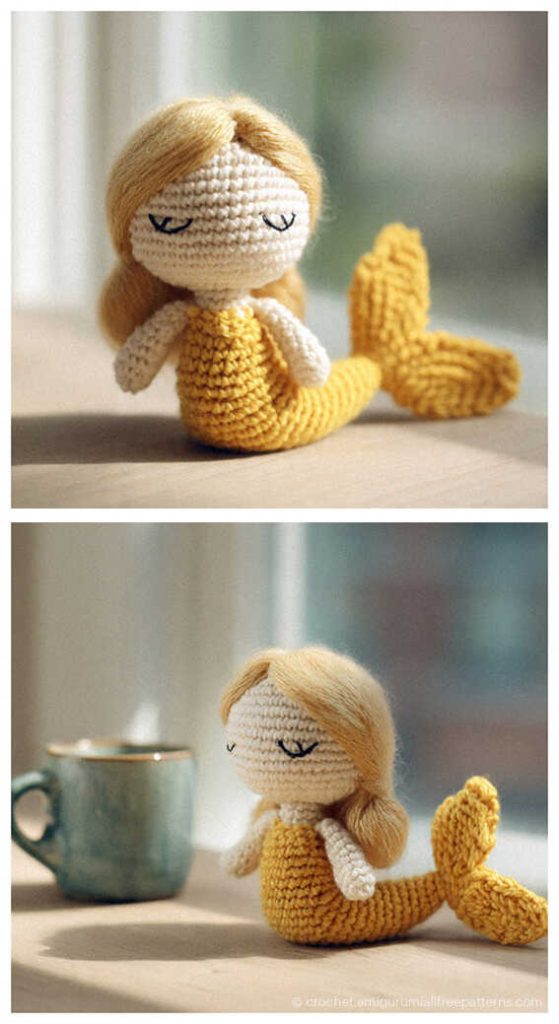 tiny golden mermaid amigurumi doll relaxing near a coffee cup sweet handmade crochet sea toy