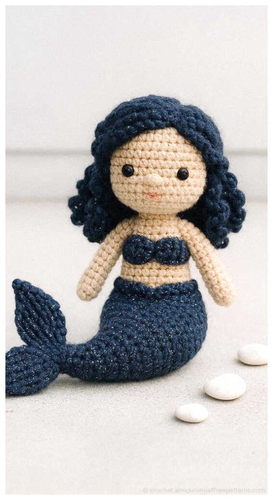 cute navy mermaid amigurumi doll with curly hair adorable handmade crochet ocean character